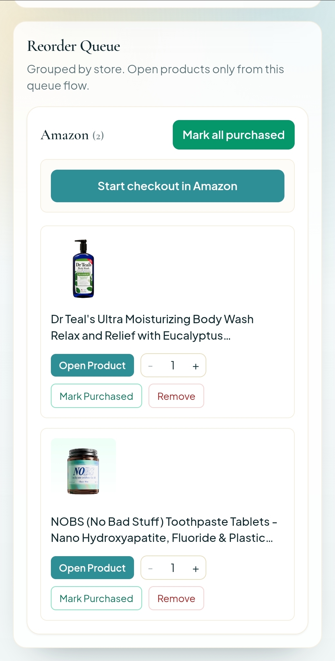 Checkout queue screen on mobile showing reorder-ready products